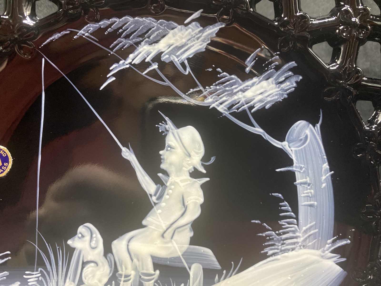 Westmoreland Black Glass Hand Painted Plate w/ Mary Gregory Design BOY & DOG