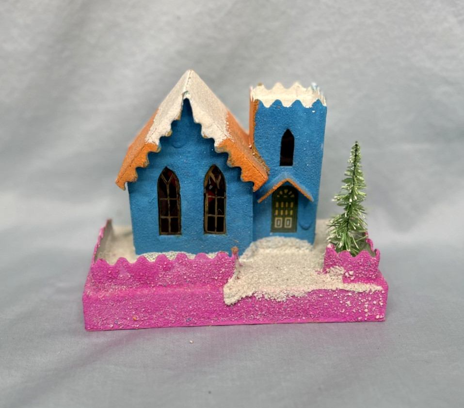 Vintage Putz Japan Cardboard Christmas Cardboard Church with Tree and Steeple