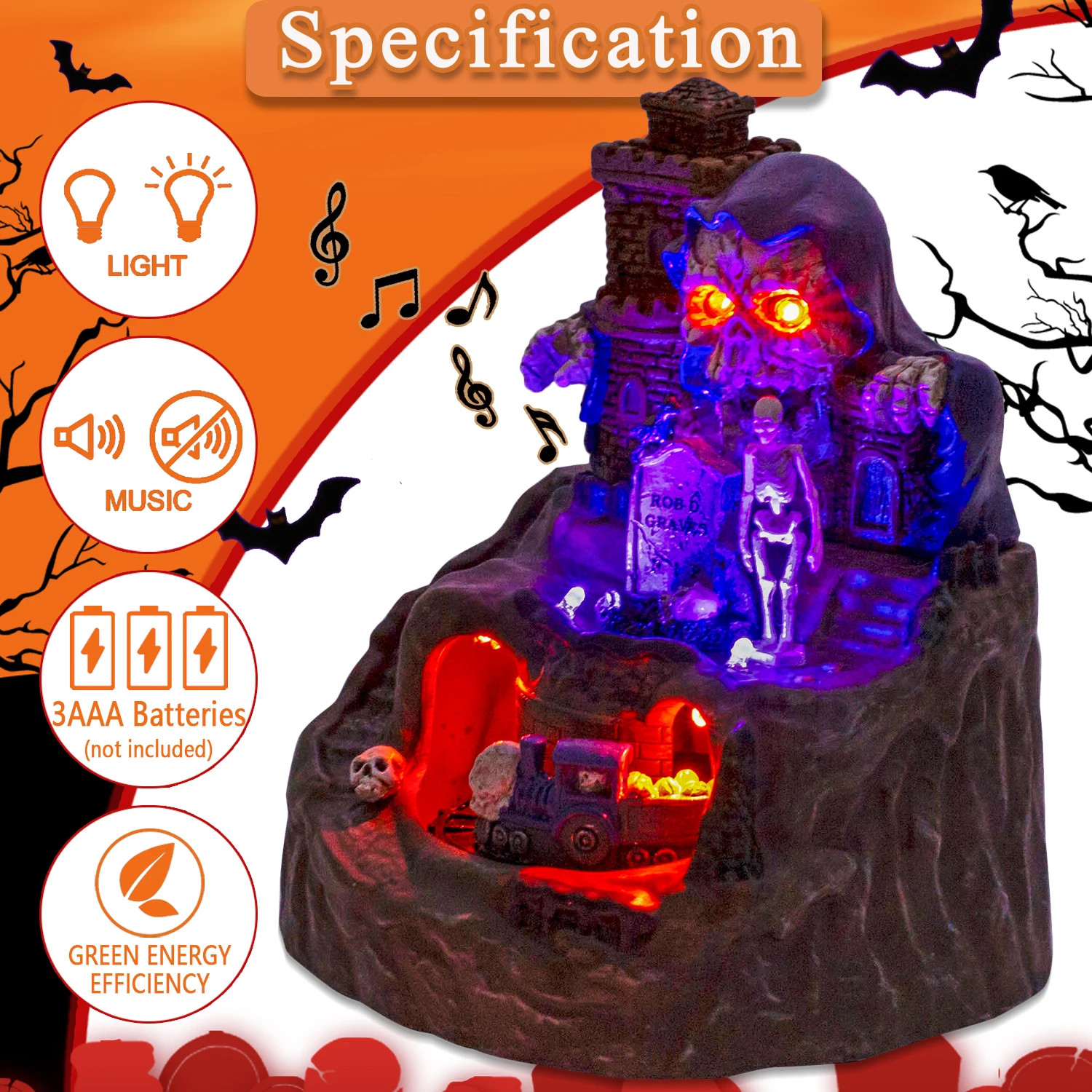 Animated Halloween Village House Decor with Moving Train Pre-Lit Music Skull Gho