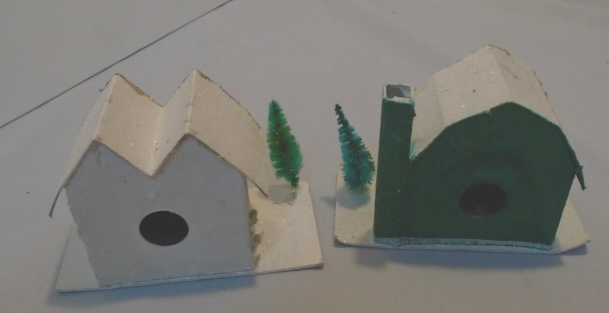 Christmas Cottages Glitter Cardboard Tree 2.75″ Tall 4″x2″ Bottom VTG FREE SHIP