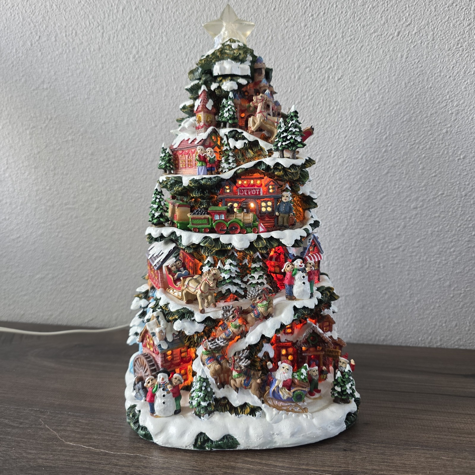 Vintage Christmas Village Tree Scene Lighted Train Depot Santa Sleigh