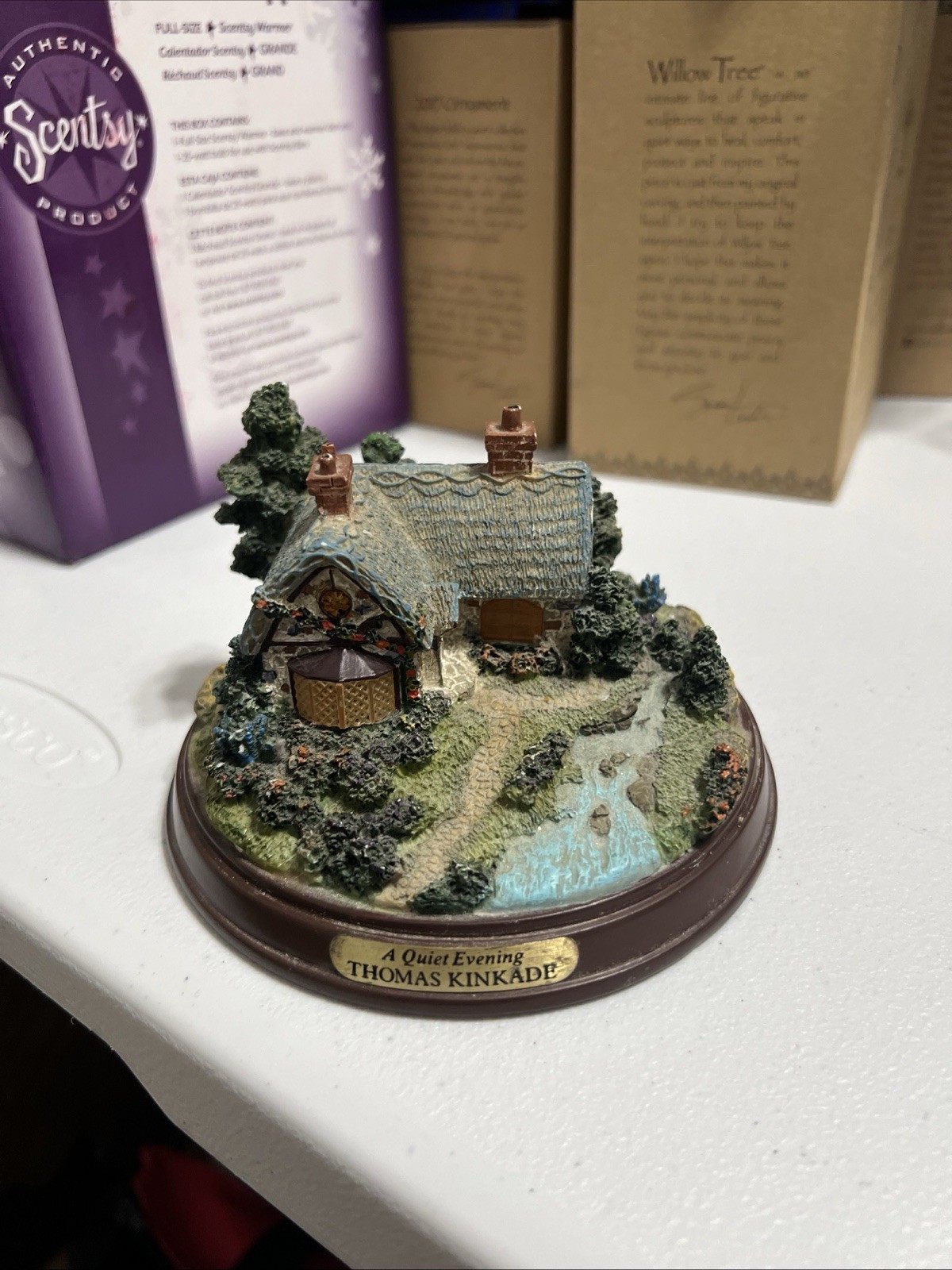 Thomas Kinkade ” A Quiet Evening” Illuminated Lighted Cottage Along A Creek.