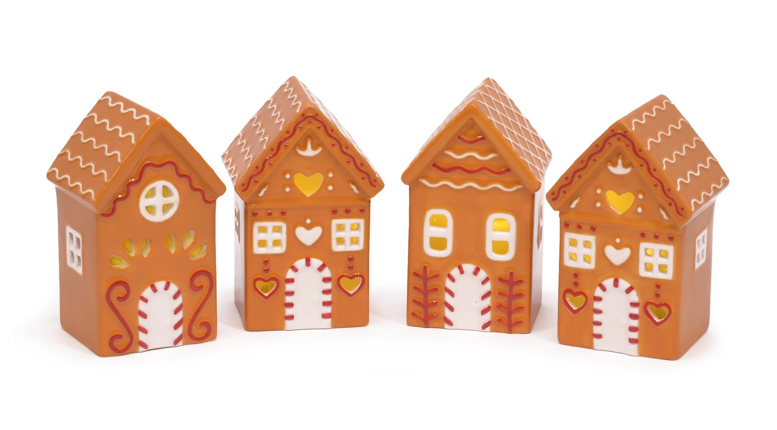 Ceramic Holiday LED Lit Gingerbread Festive Village Houses, 4 Inch, Set of 4