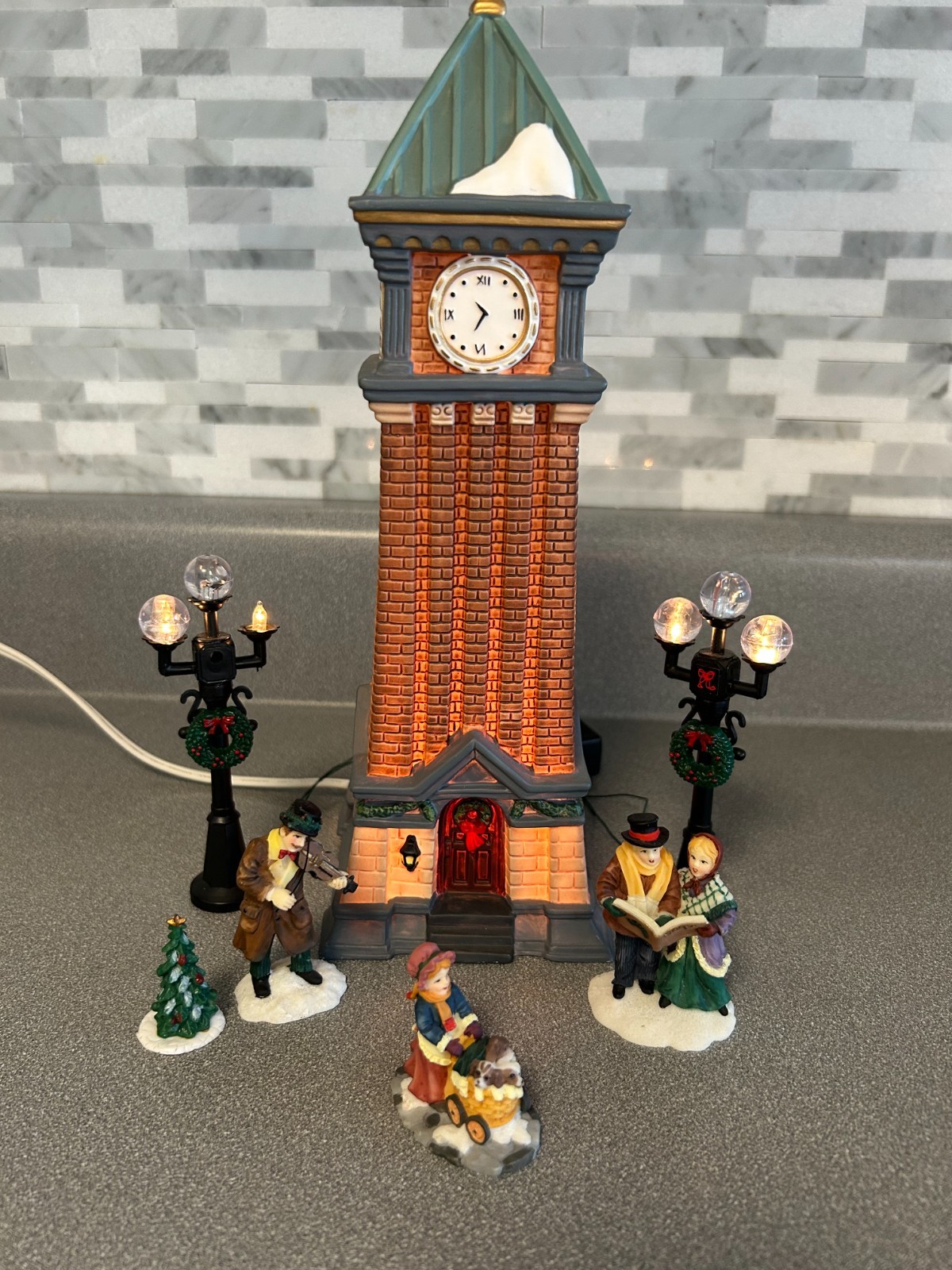 Christmas Village Lighted Church w Carolers, Violin Player & Girl w Buggy, 7 Pcs