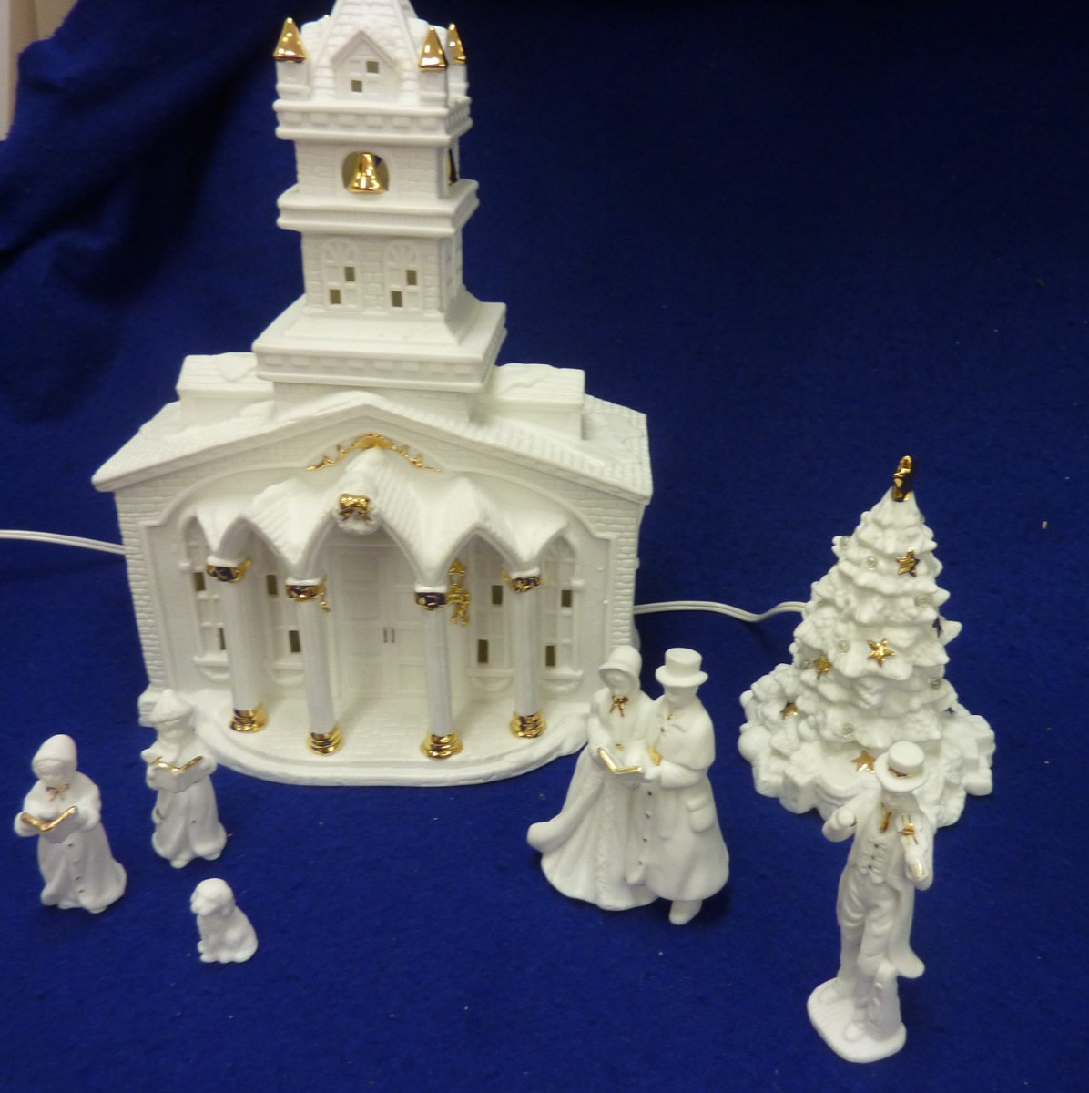 GALLERIA INC WHITE PORCELAIN LIGHTED CHURCH GOLD ACCENT 8 PIECES CHRISTMAS SET