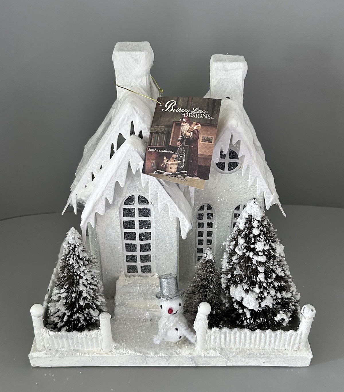 Bethany Lowe Designs Putz Glitter White Snowy Christmas Village House W/ Snowman