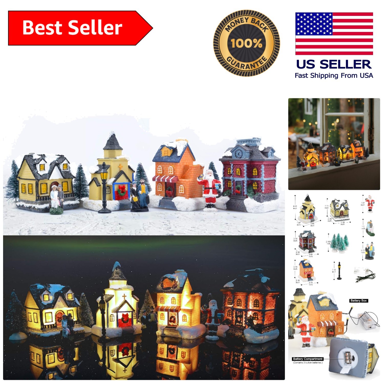 Enchanting Christmas Village Houses with LED Lights & Figurines – Tabletop Decor