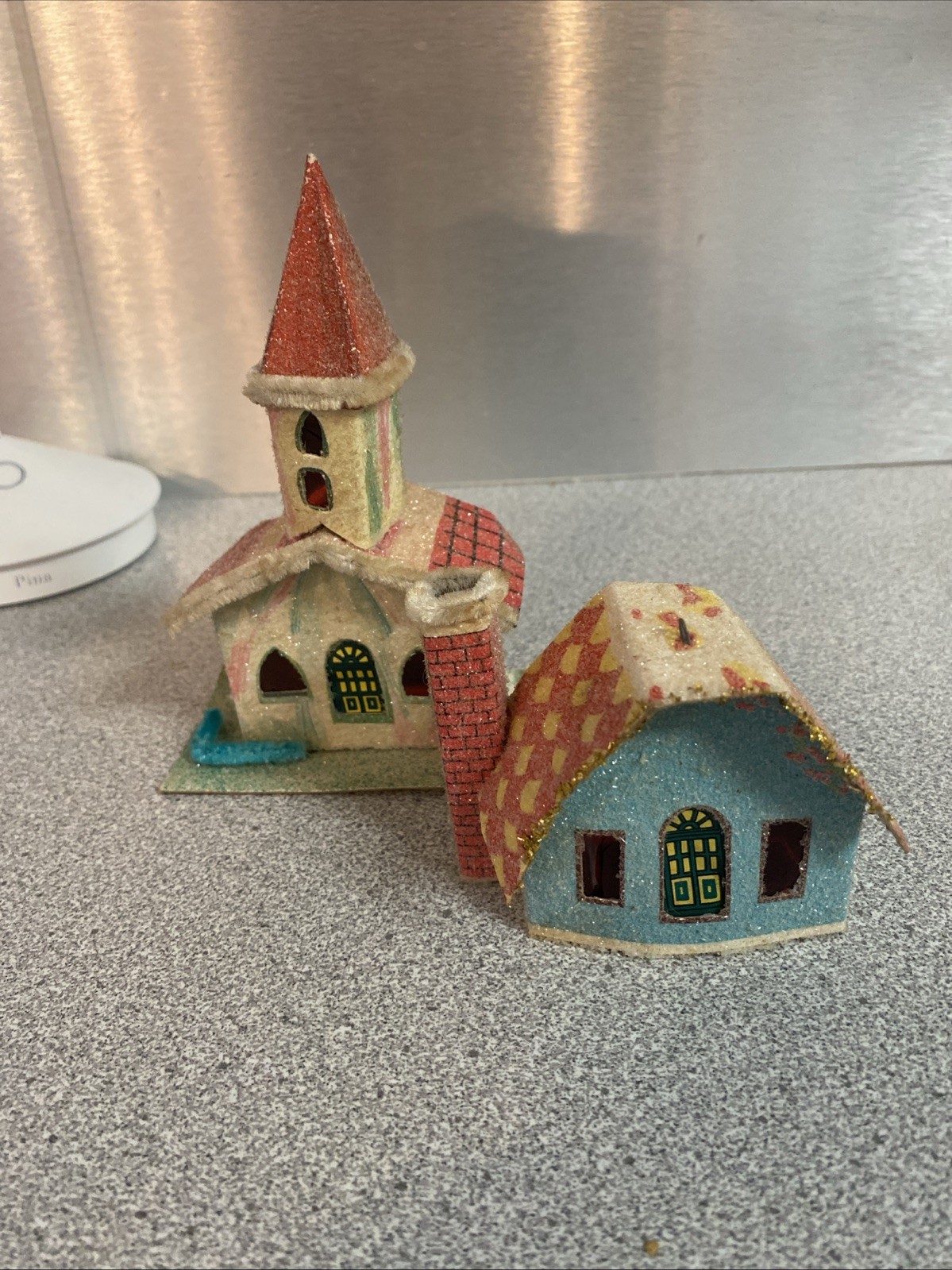 Nice Putz House + 5.5” Tall Glitter Church w/Pipe Cleaner Trim – Needs Some TLC