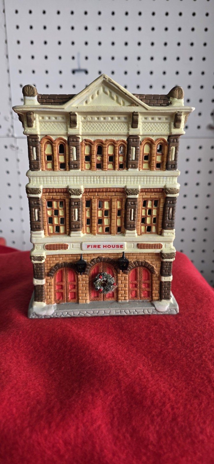 1996 Noma ceramic FIRE HOUSE Christmas village display 7½” tall x 5″ x 4″ Depth