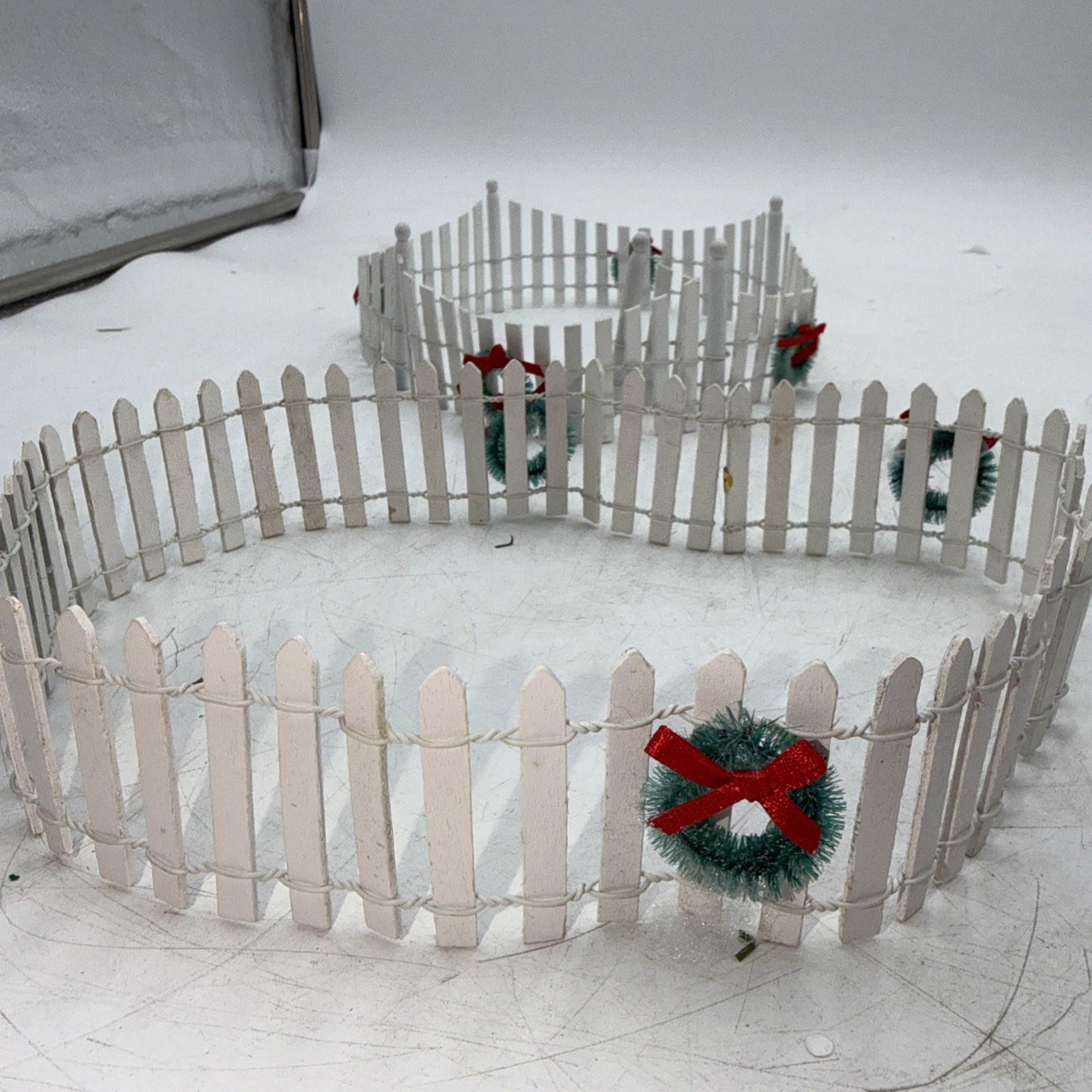 Christmas Village White Picket Fence 52” x 2″ Bendable Green Wreaths Red Bows