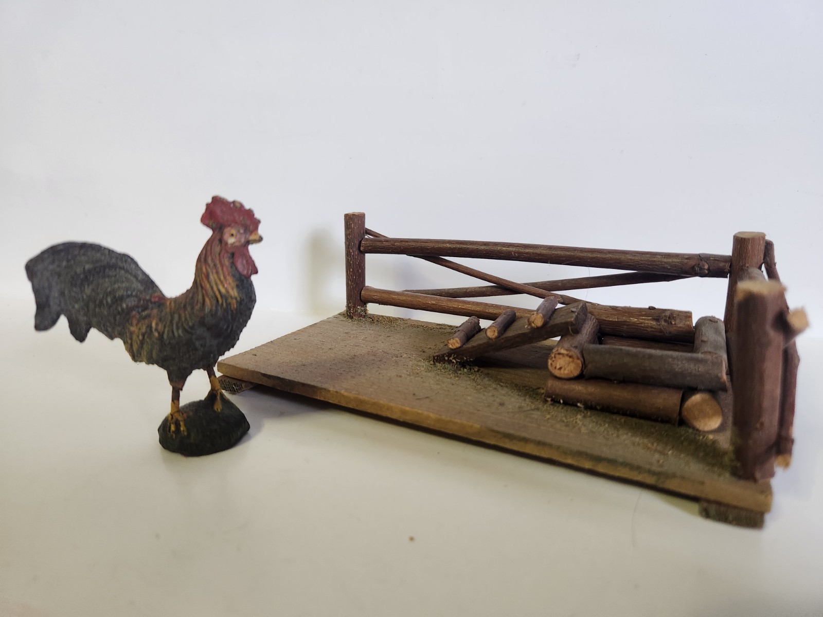 Old Wooden German Chicken Coop With Elastolin Rooster Christmas Putz Village