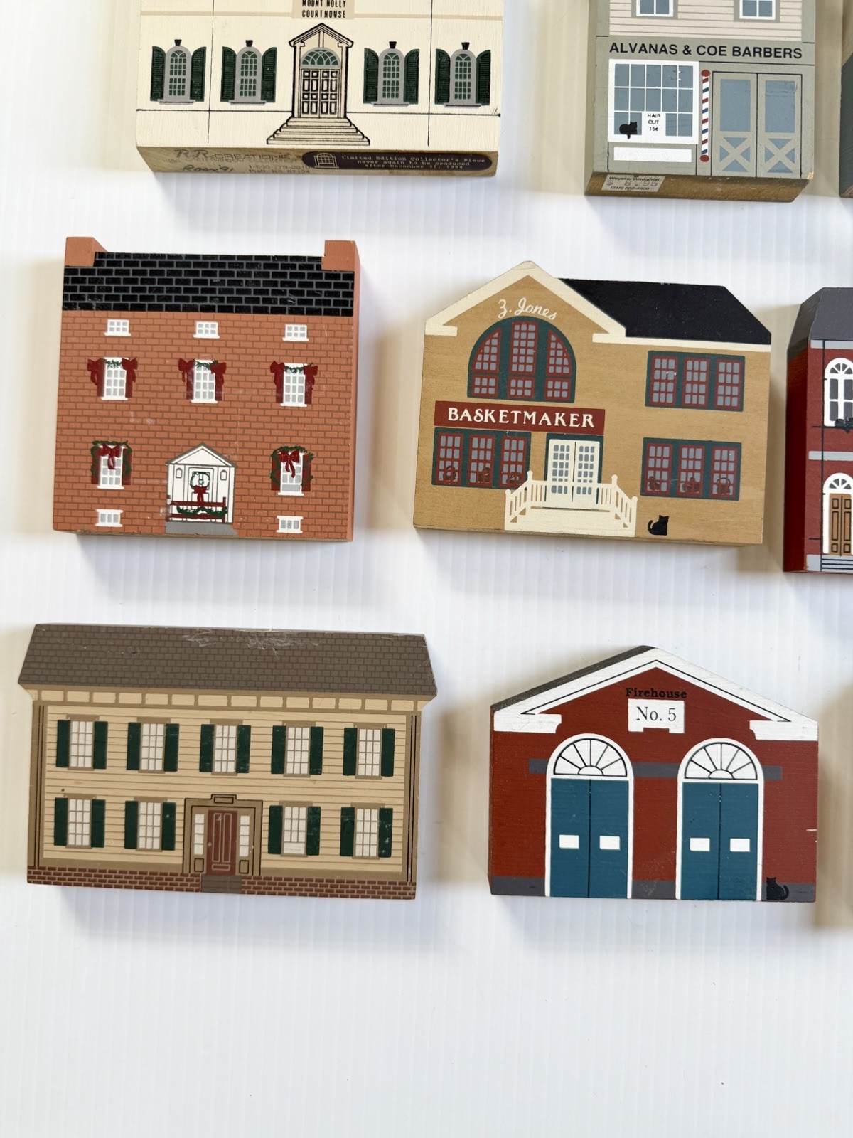 Vtg Lot Of 16 Wooden Houses, Buildings Shelf Decor The Cats Meow & RR Creations