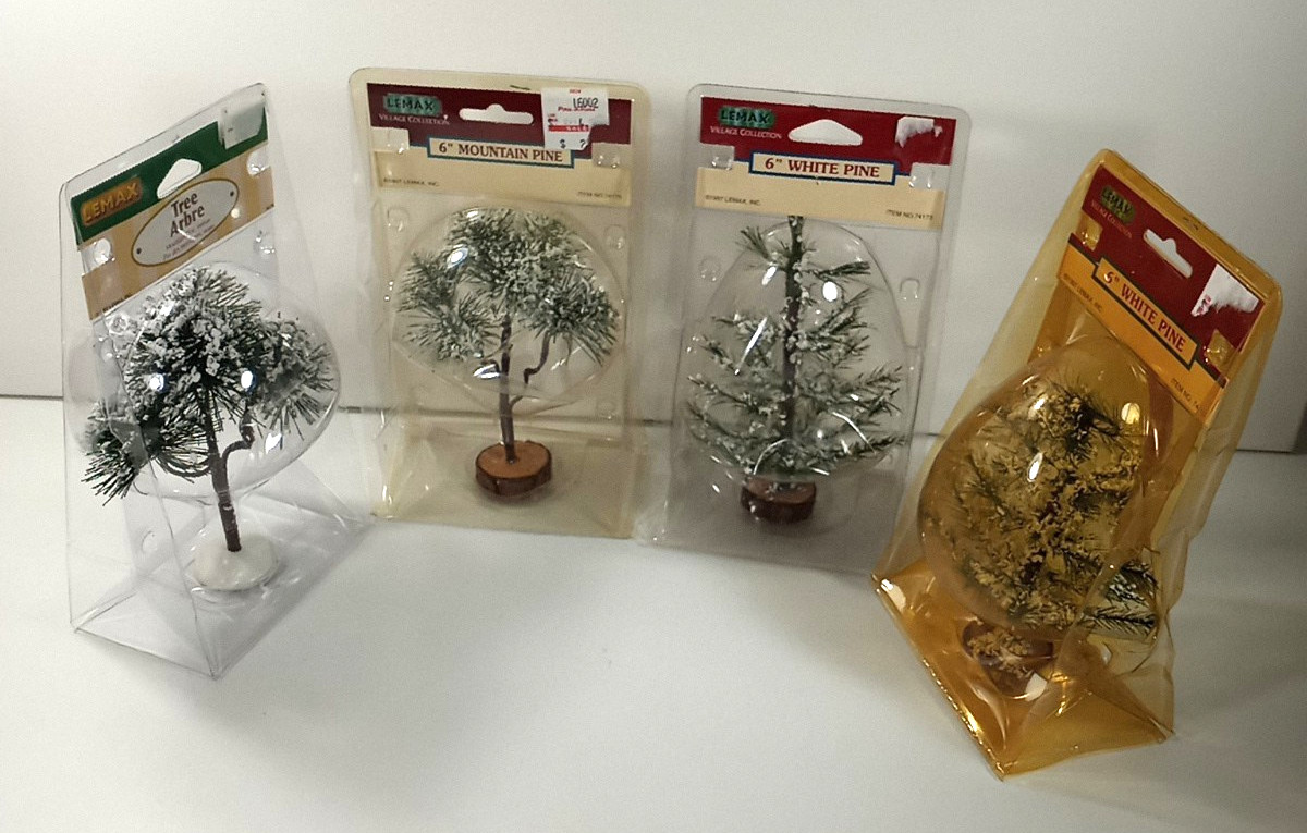 1997 Lot of 4 LEMAX Medium 6″ Snow Flocked White Pine Tree & Arbor 74173 & 74175