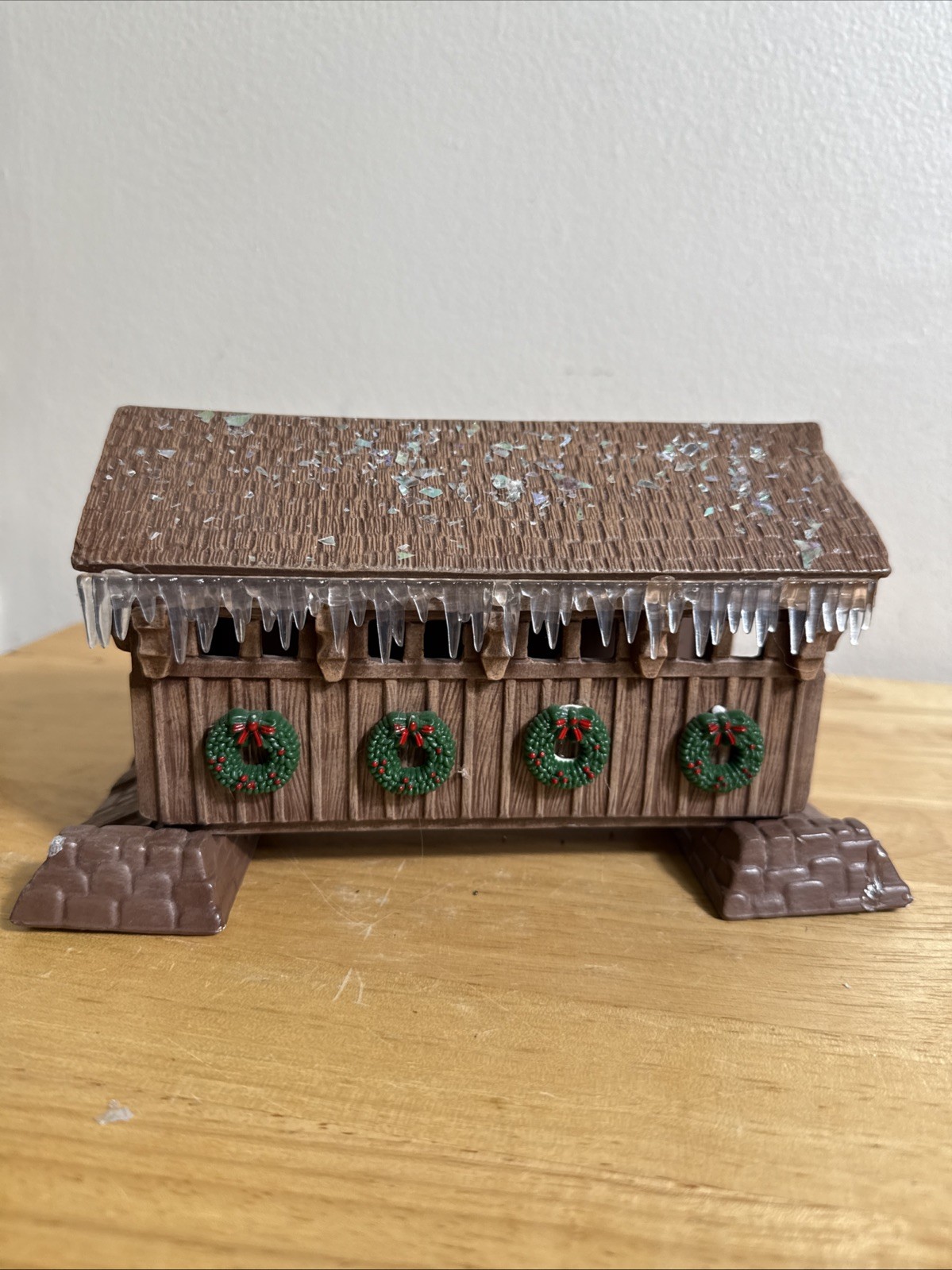 Vintage Hand Painted Ceramic Glazed Christmas Covered Bridge Embellished 1995
