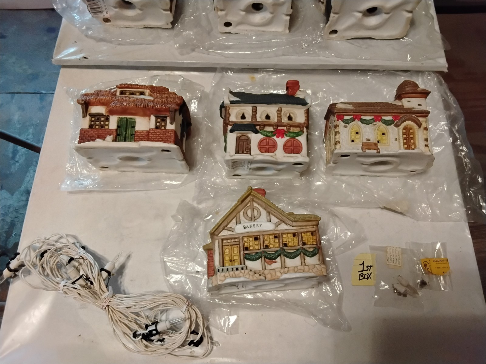 Christmas Village Porcelain Light Houses & Metal/Other Figurine Lot Used 4 Boxes