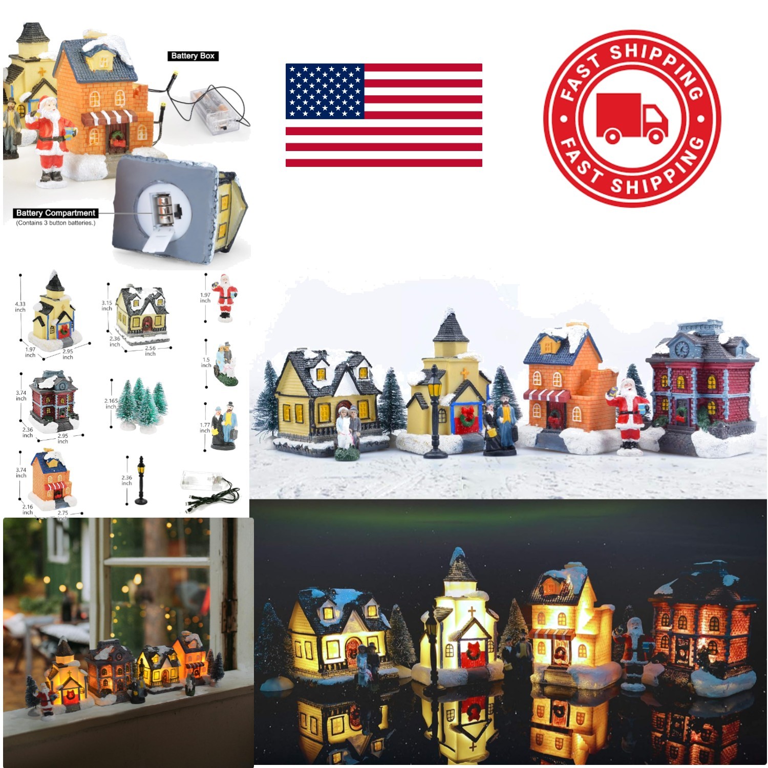 Collectible Resin Christmas Village Set with 4 Houses and Decorative Accessories