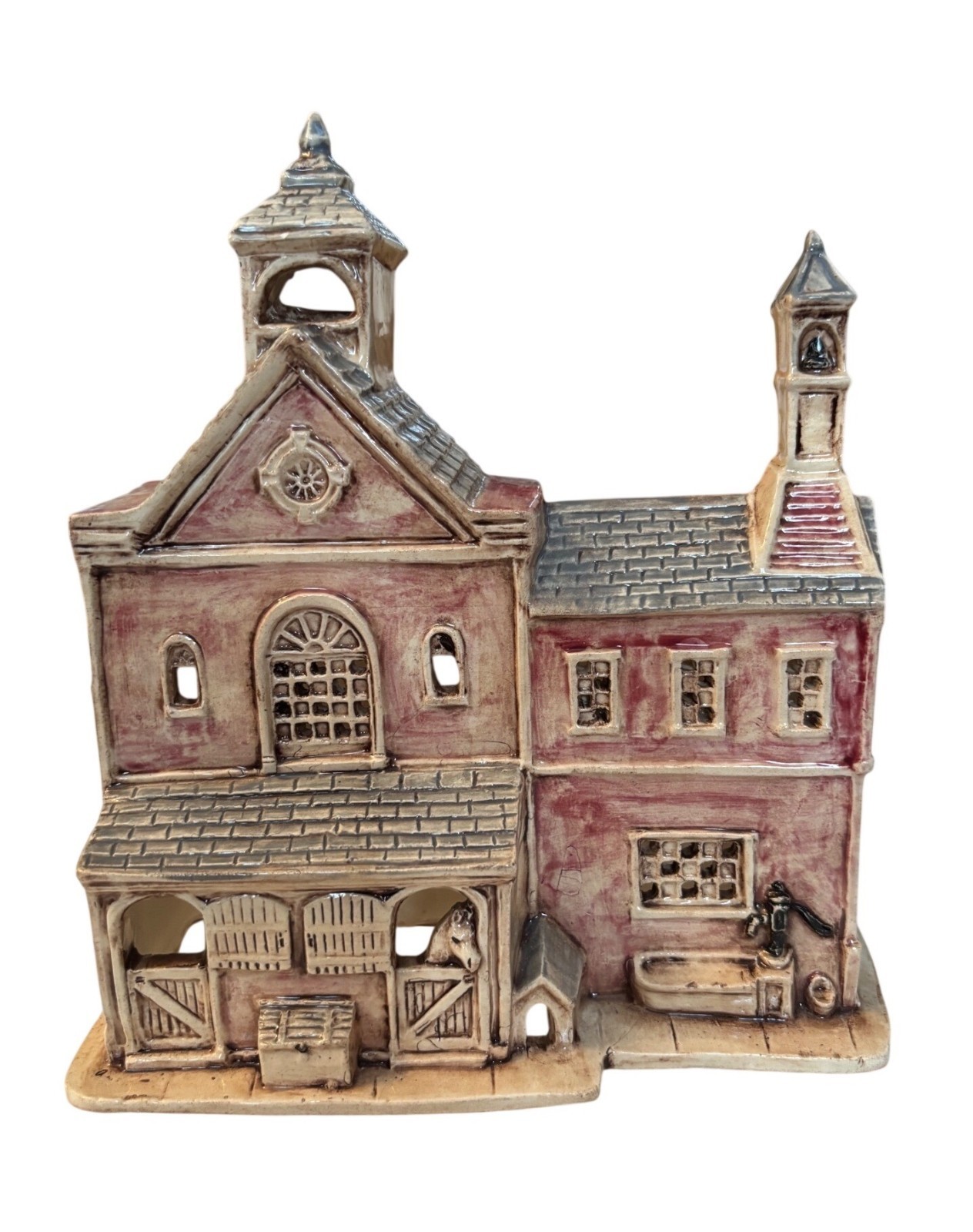 Vintage Ceramic Village Horse Barn Building With Rustic Red & Beige Finish Handm