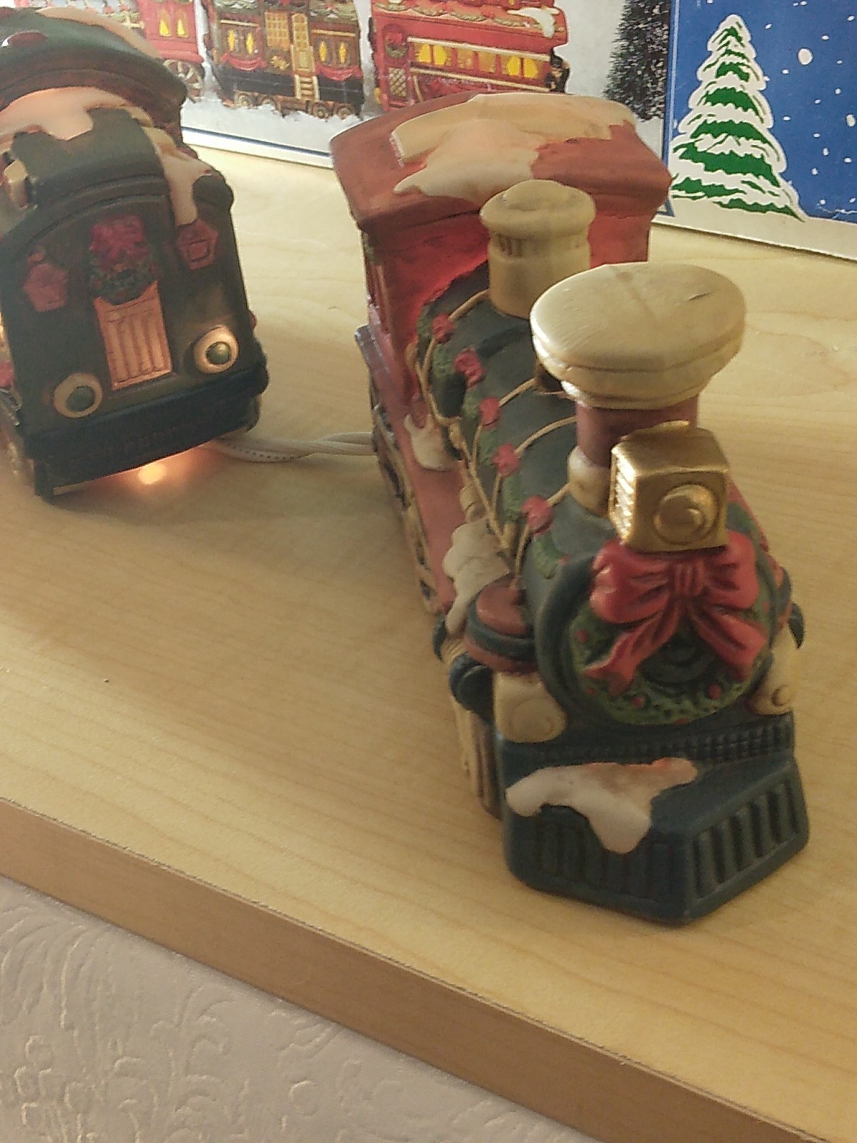 Vintage 1992 Fabri-Centers Hand Painted Porcelain Lighted Train 3pc W/Box Works!