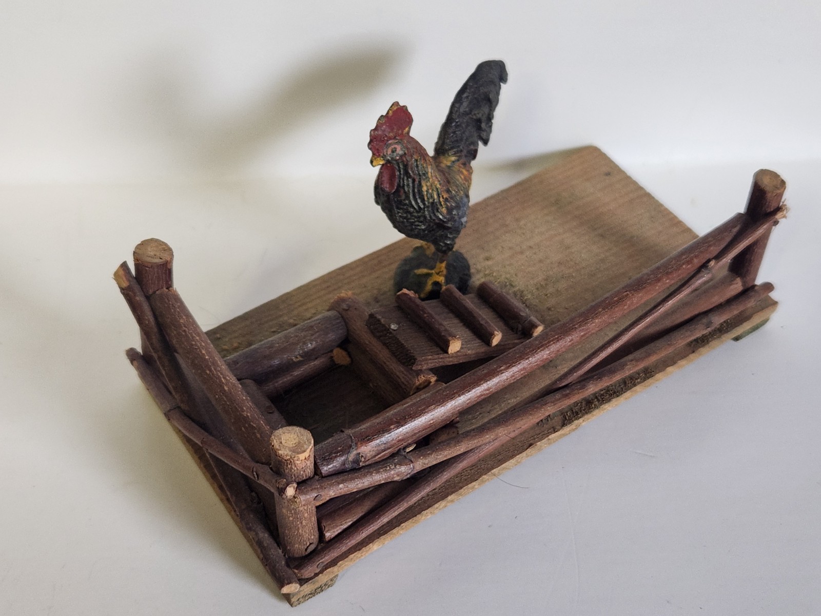 Old Wooden German Chicken Coop With Elastolin Rooster Christmas Putz Village