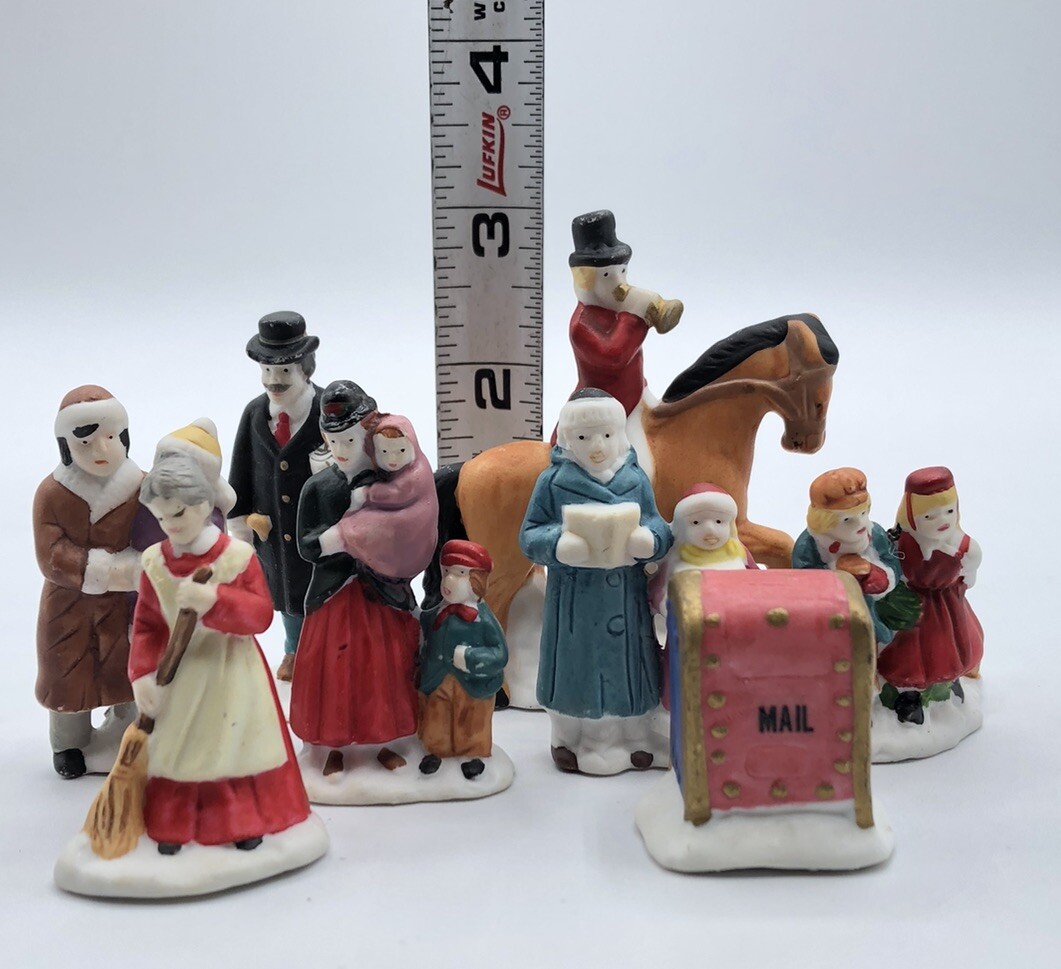 Small Christmas Village Porcelain Bisque Caroling People Horse, Mailbox Lot of 8