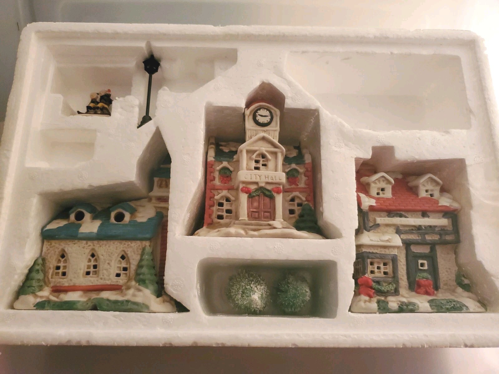 Lighted Ceramic Christmas Village W/Original Box 7 Piece Electric- Trees Figure