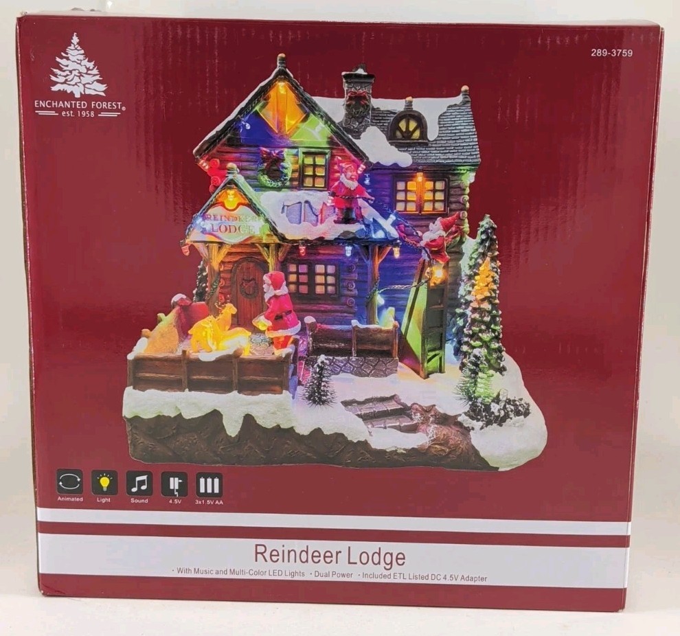 Enchanted Forest Reindeer Lodge Animated Musical Christmas Village House W/Box