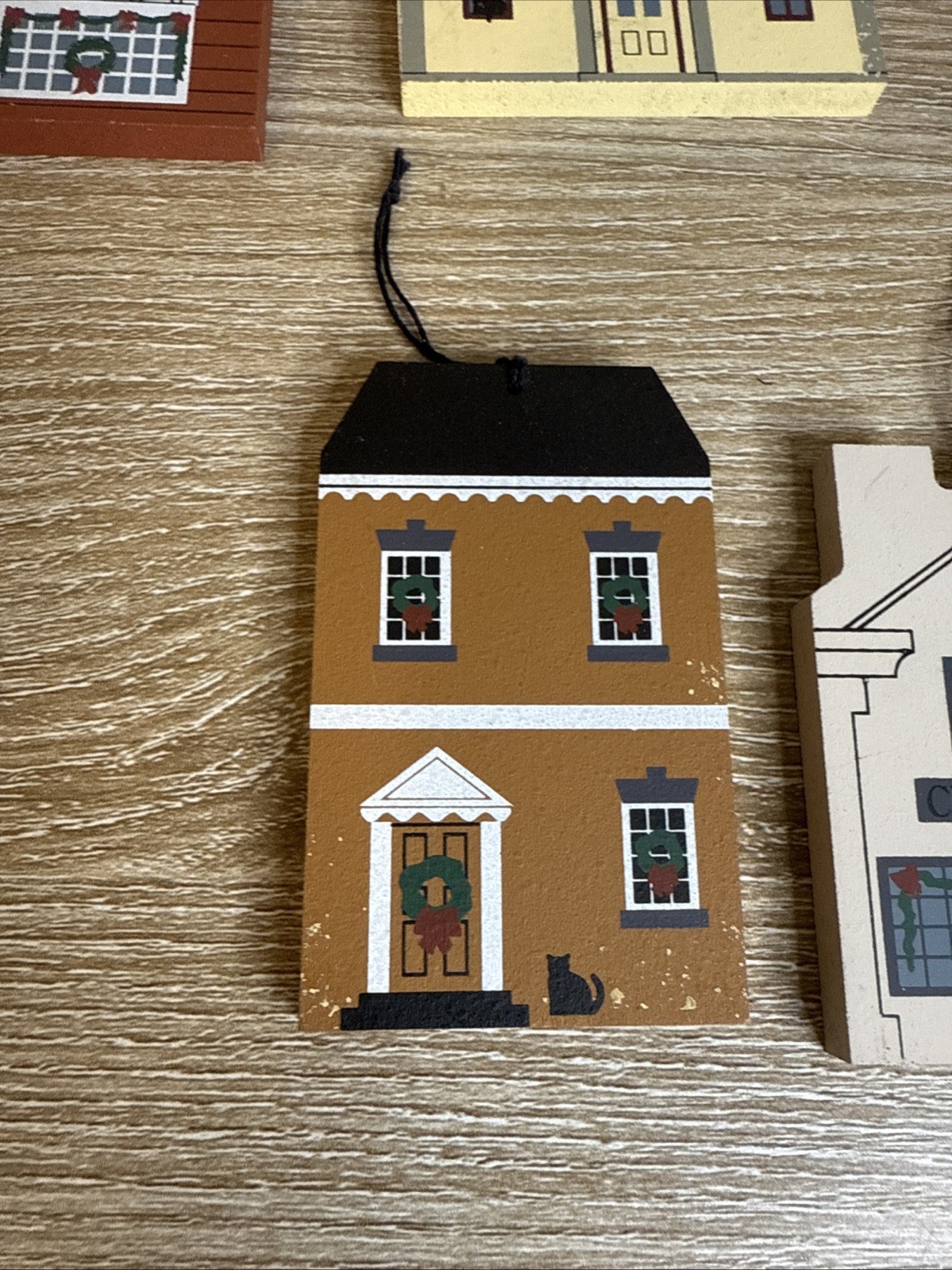 Lot Of 7 The Cats Meow Wooden Ornaments Houses, Christmas Shop, Country Store