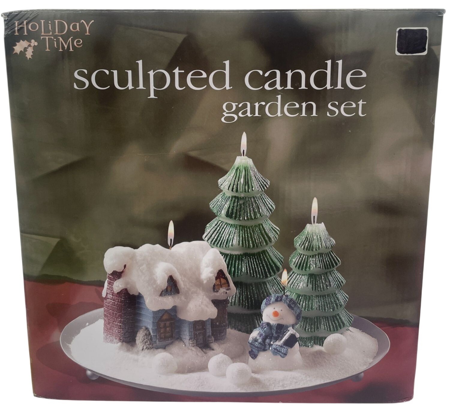 Holiday Time Snowy Winter Village Candle Set Trees Snowman Figurine Snowballs