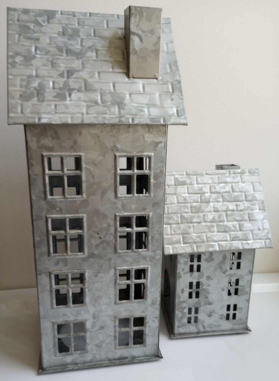 Pottery Barn Galvanized Village House Set of 2 lot retired rustic candle holders