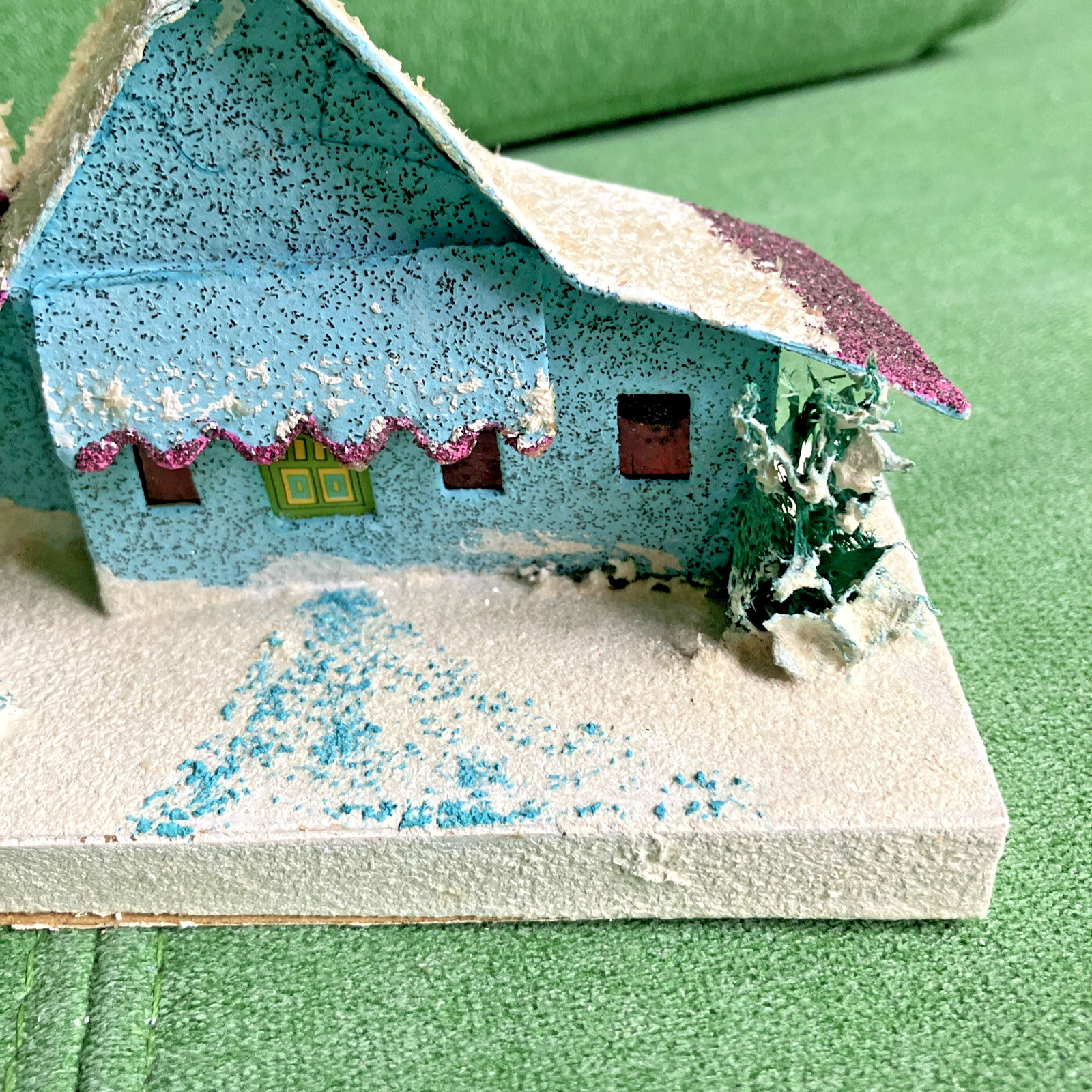 2 Sizes VTG Christmas Putz Houses, Cardboard w Mica Glitter, Windows, Trees