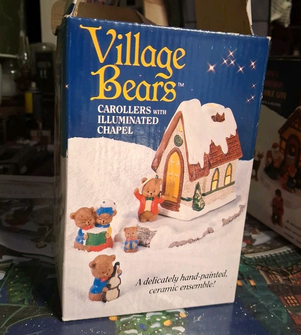 Village Bears Carollers w/ Illuminated Chapel Ceramic Christmas Set