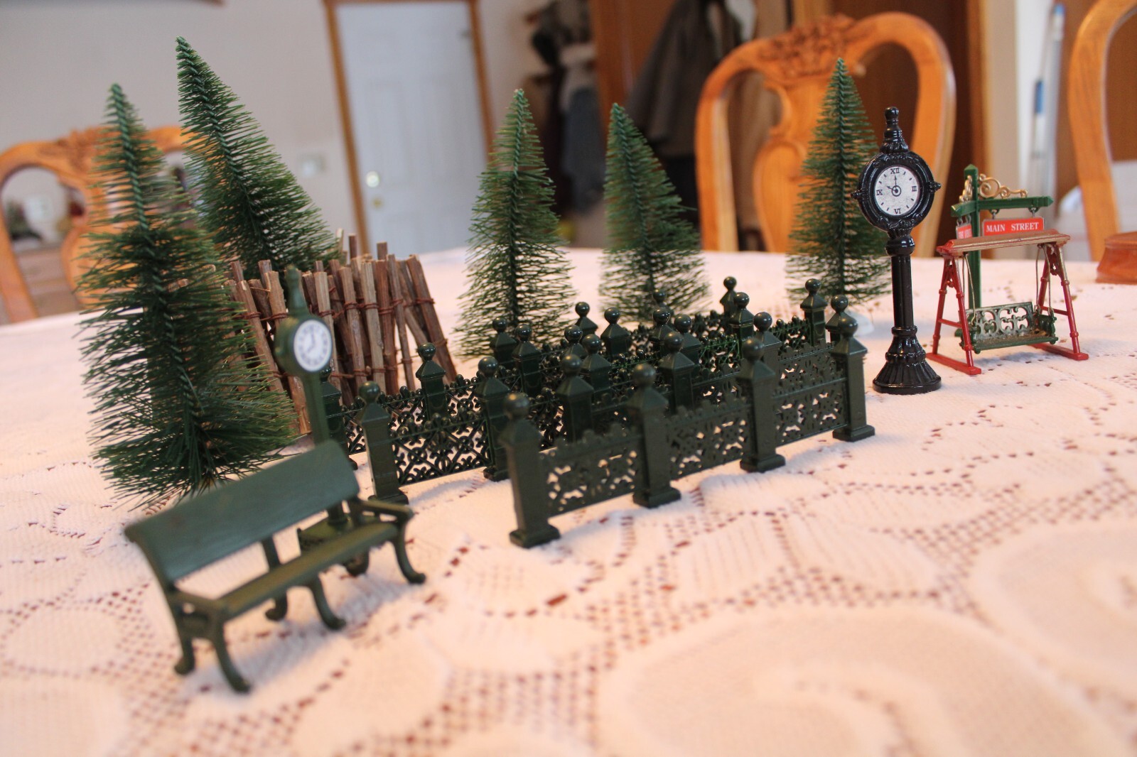 Christmas Village Metal Pieces, Metal Fencing & Pine Tree’s 17 Piece Group