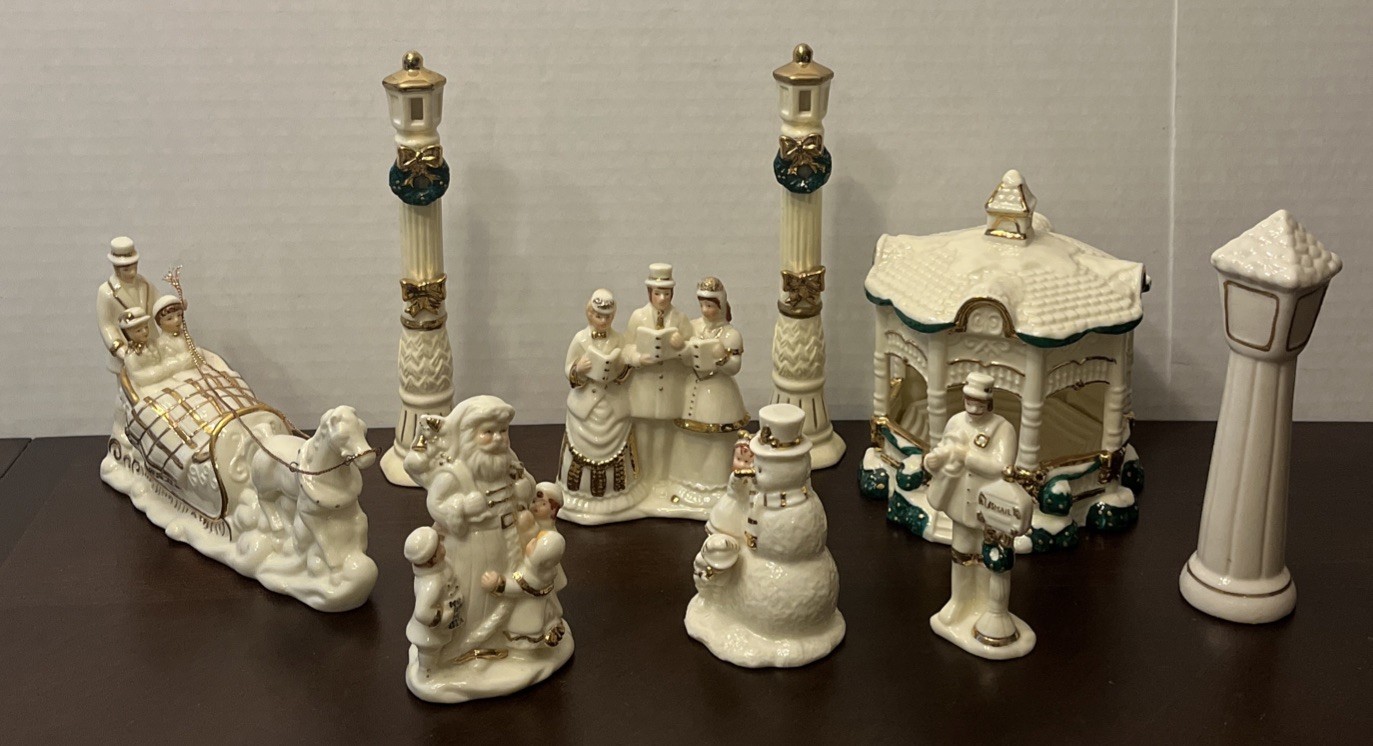 Vintage 9 Piece Porcelain Christmas Village White Green Gold Color Santa Snowman