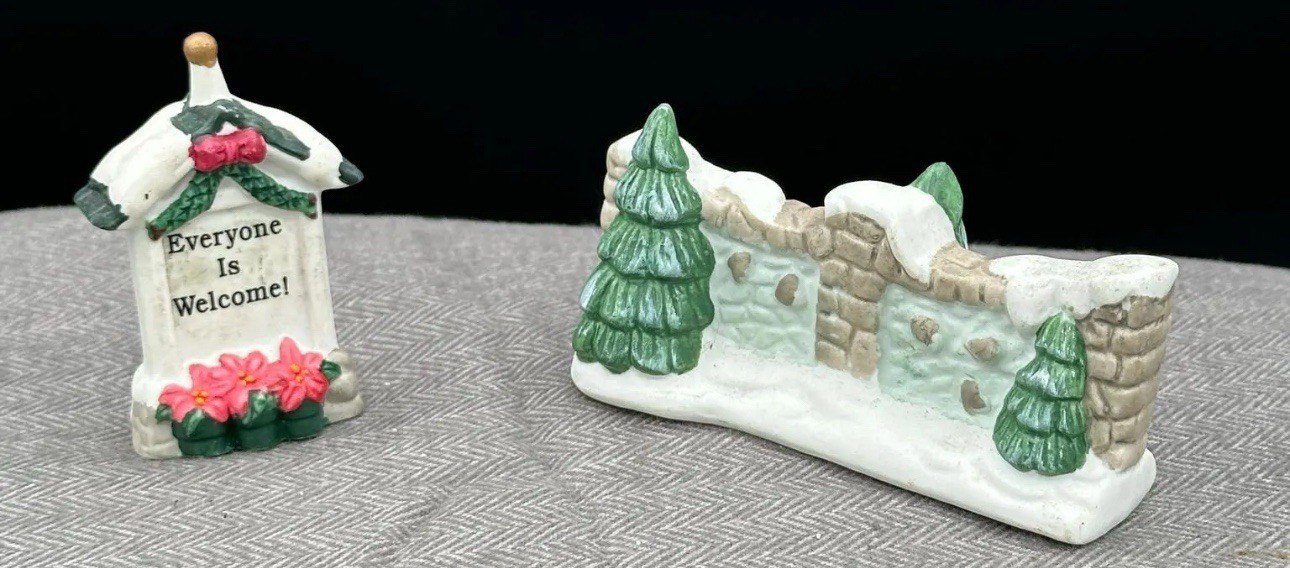 Vintage Porcelain Christmas Village Accessories – Welcome Sign & Stone Wall