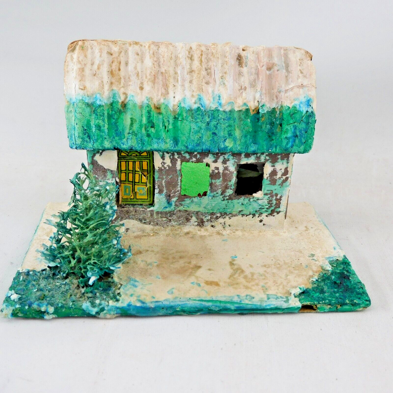 Putz Cottage House with Moss Tree Vtg Japan 1950s 4″w 2-1/2″h Green Roof (h-9)