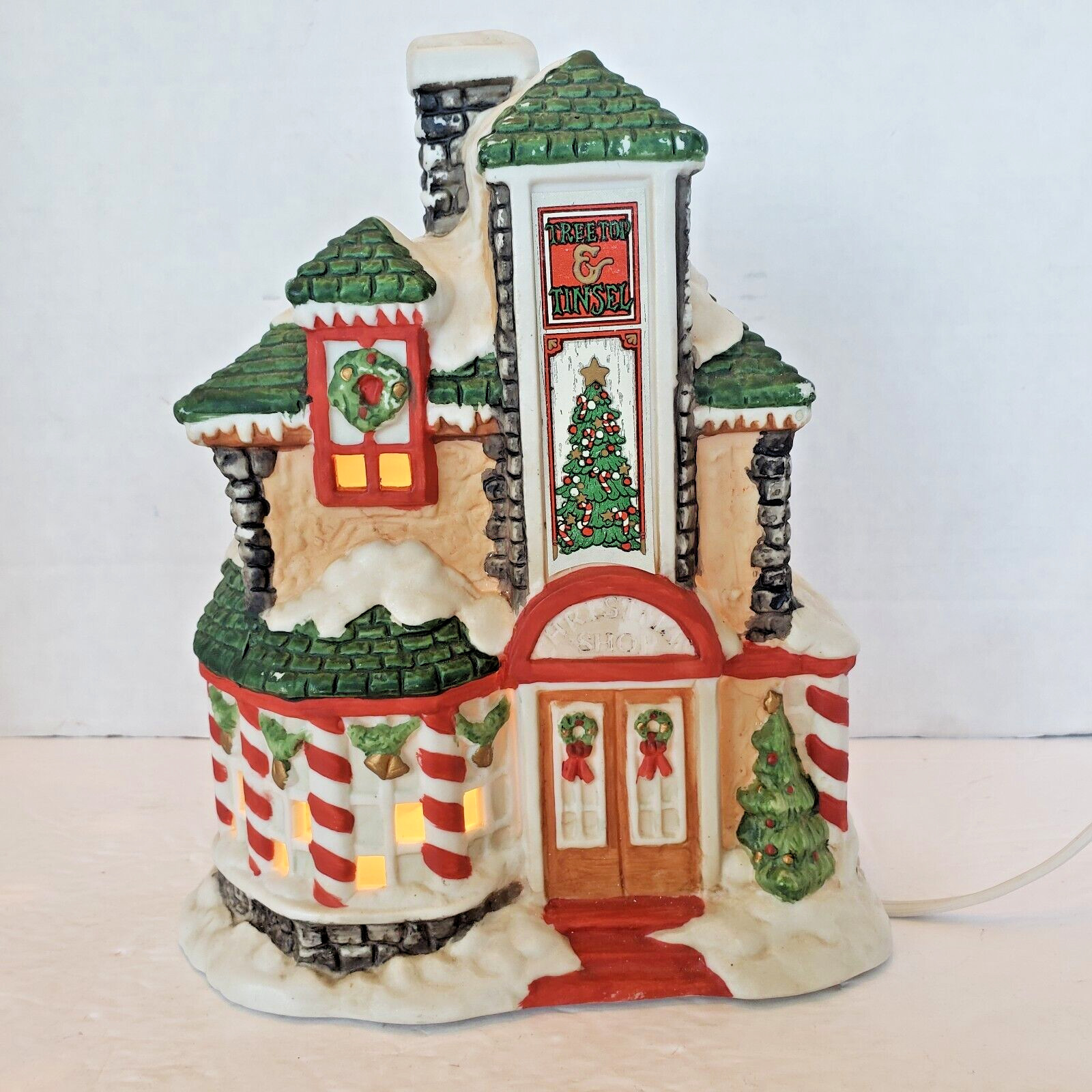 Vtg Mercuries USA Holiday Snow Village Treetop Tinsel Christmas Shop 8 inch