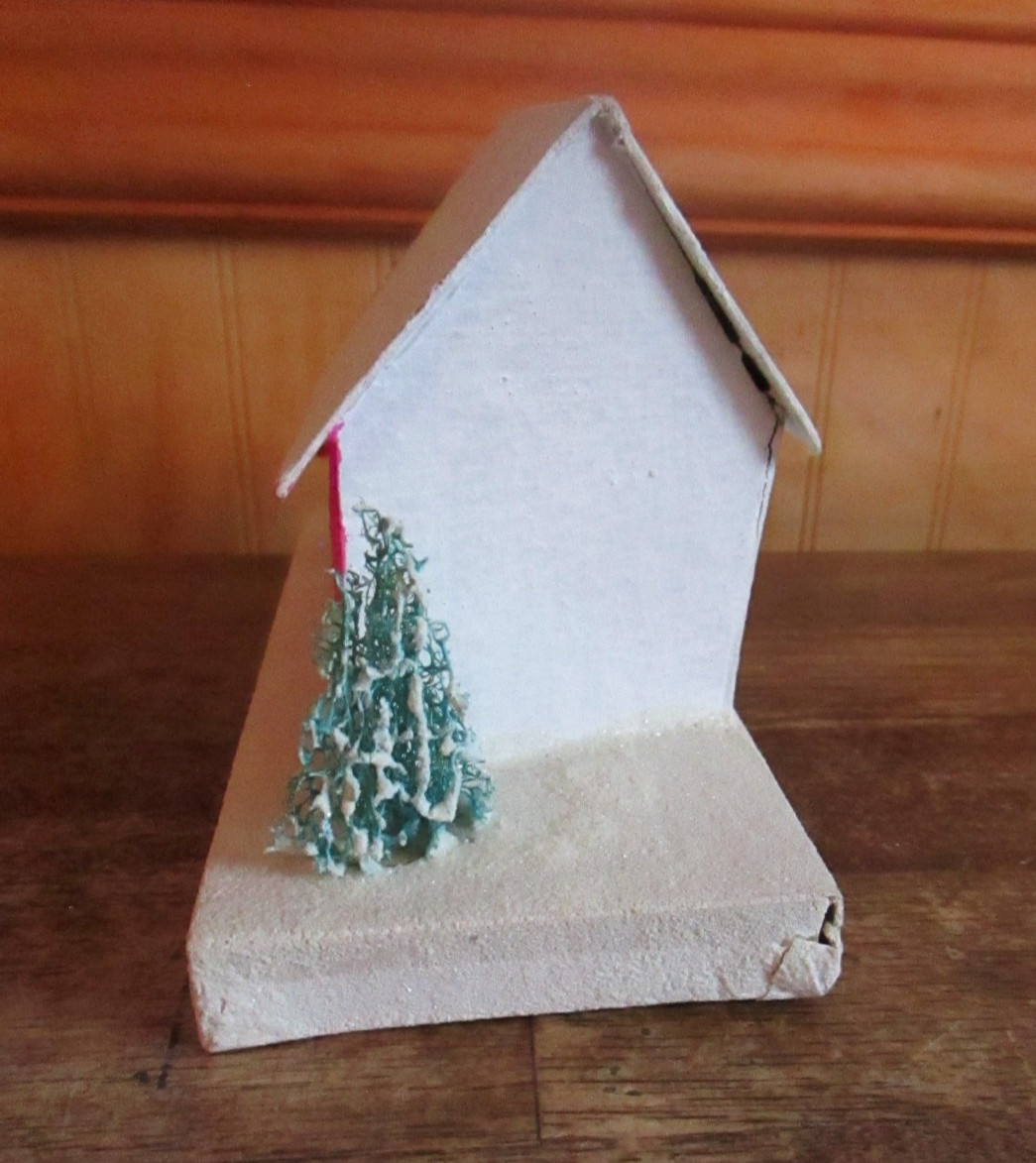 Vintage Putz House with 2 Trees & Snowman