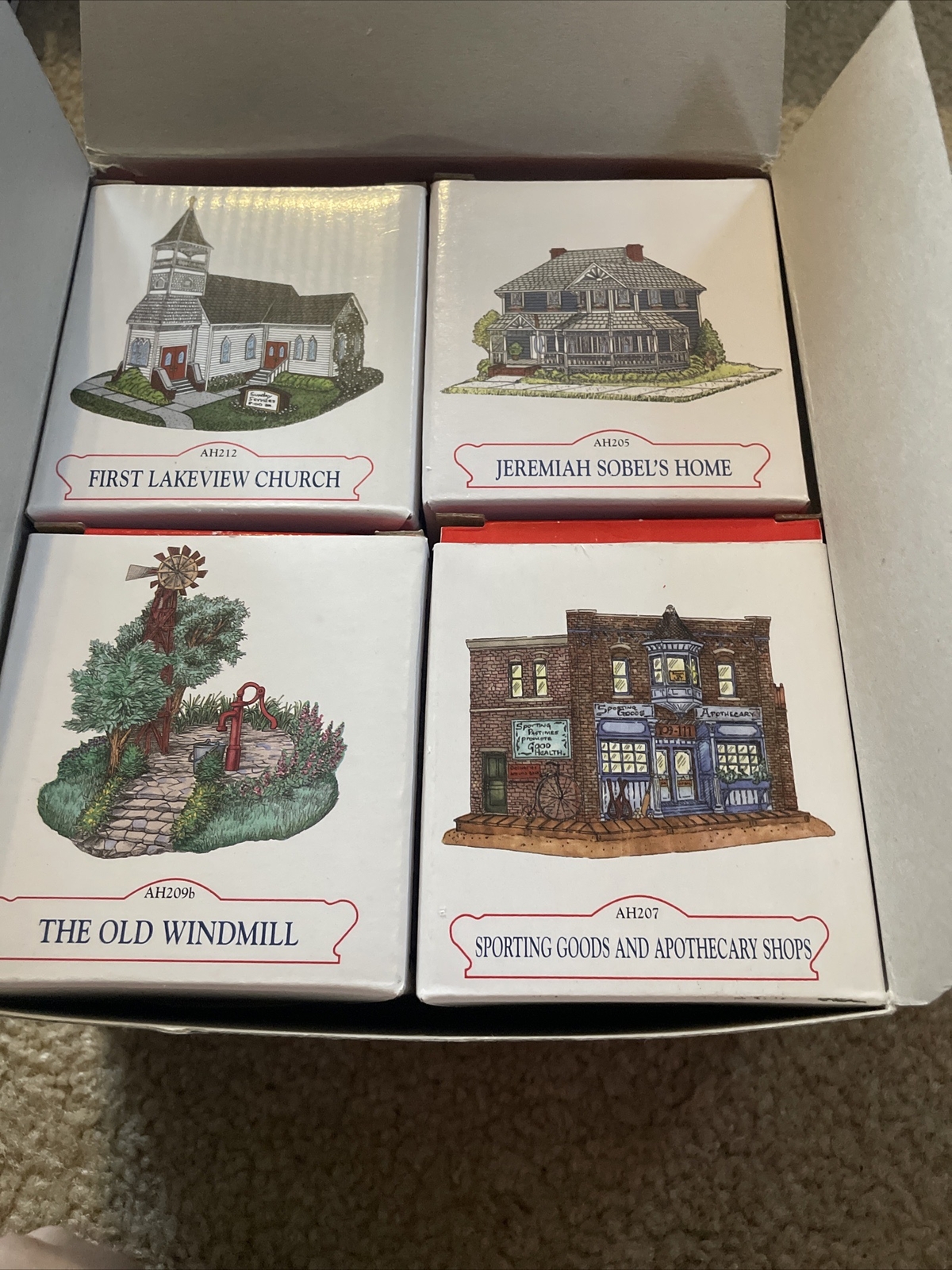 Liberty Falls collector club. 3 houses and a windmill. Sports & Apathecary shop