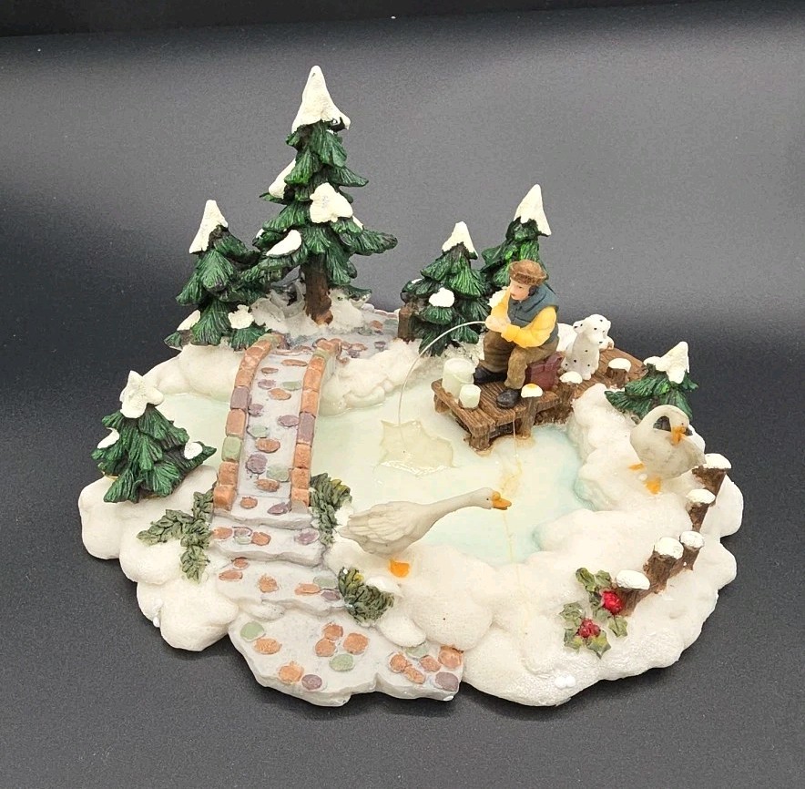 Country Ice Fishing Man Dalmation Dog Snow Geese Christmas Village 2007