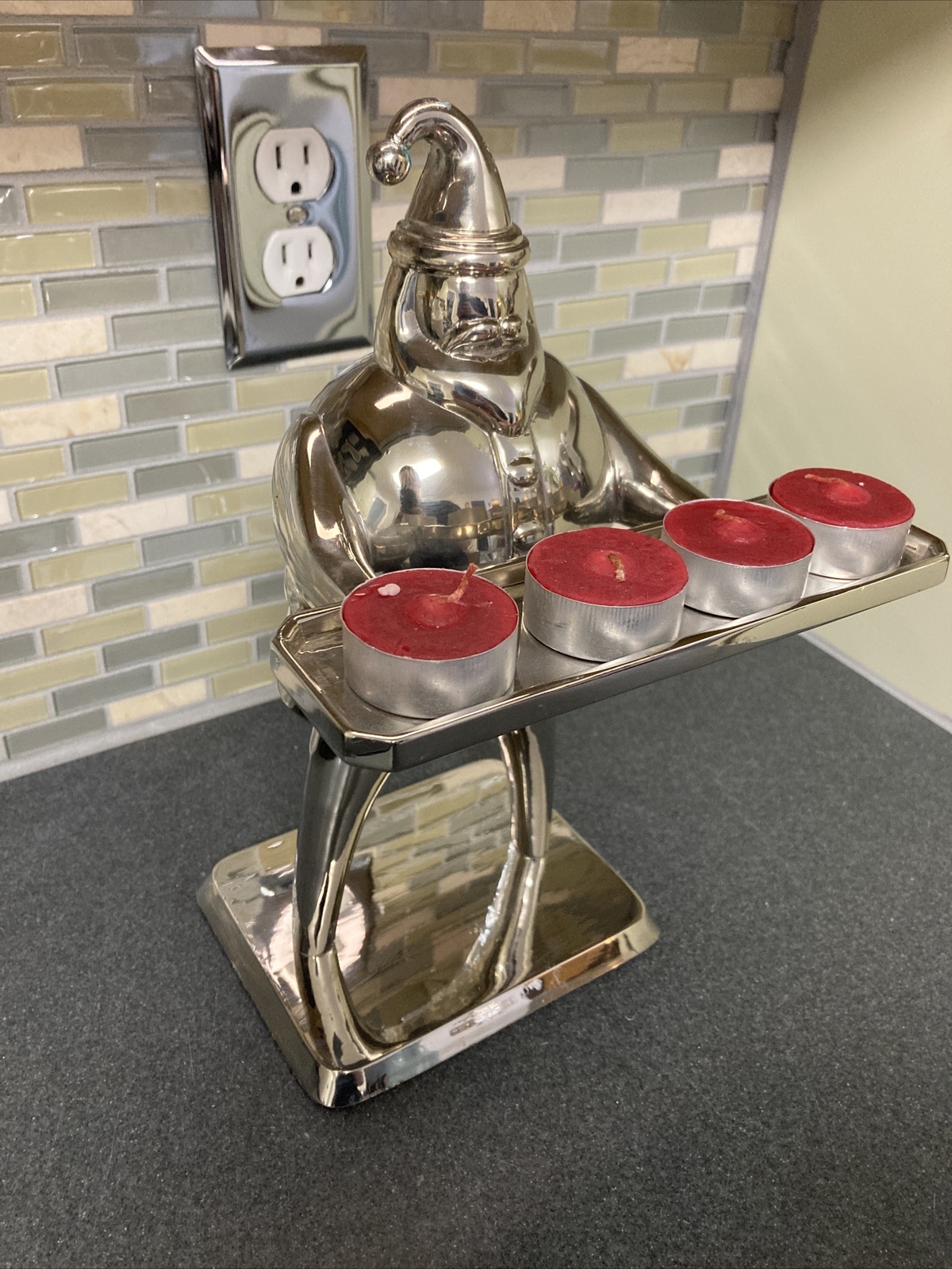 Vintage Cider House Silver Santa POTTERY BARN Christmas 4 Tea Light Holder Decor