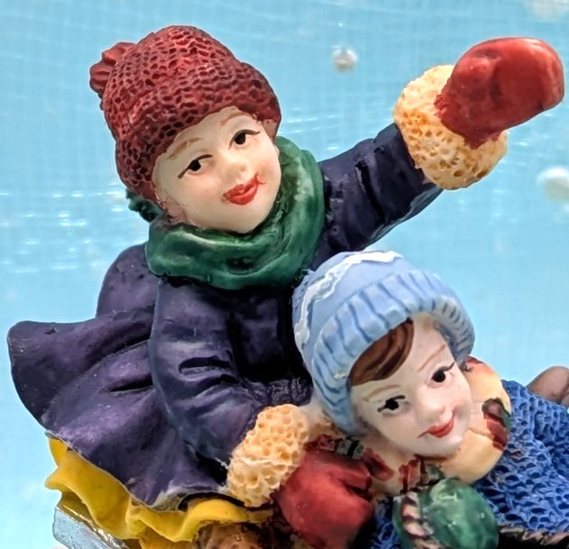 Sledding children boy girl sled Christmas Village Figurine NO BOX INV617