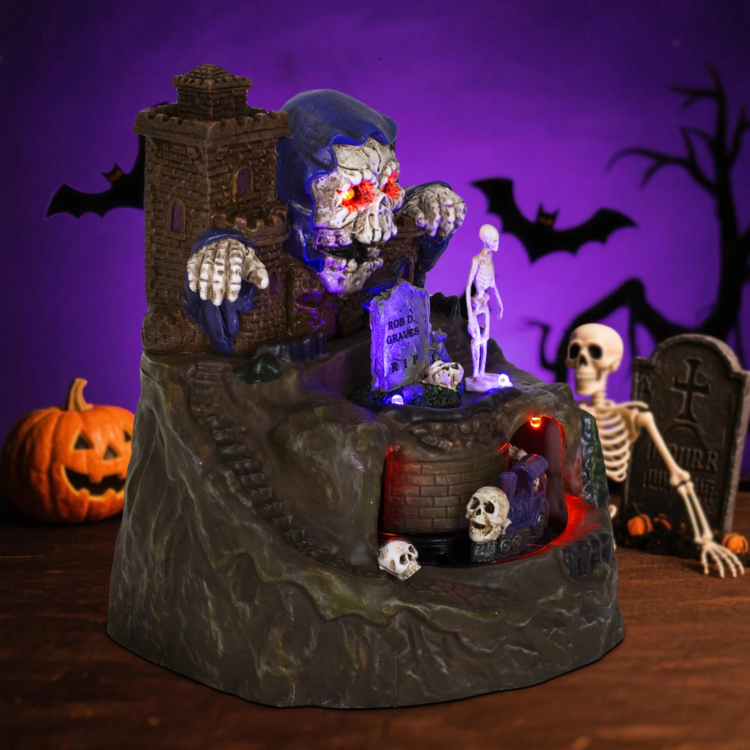 Animated Halloween Village House Decor with Moving Train Pre-Lit Music Skull Gho