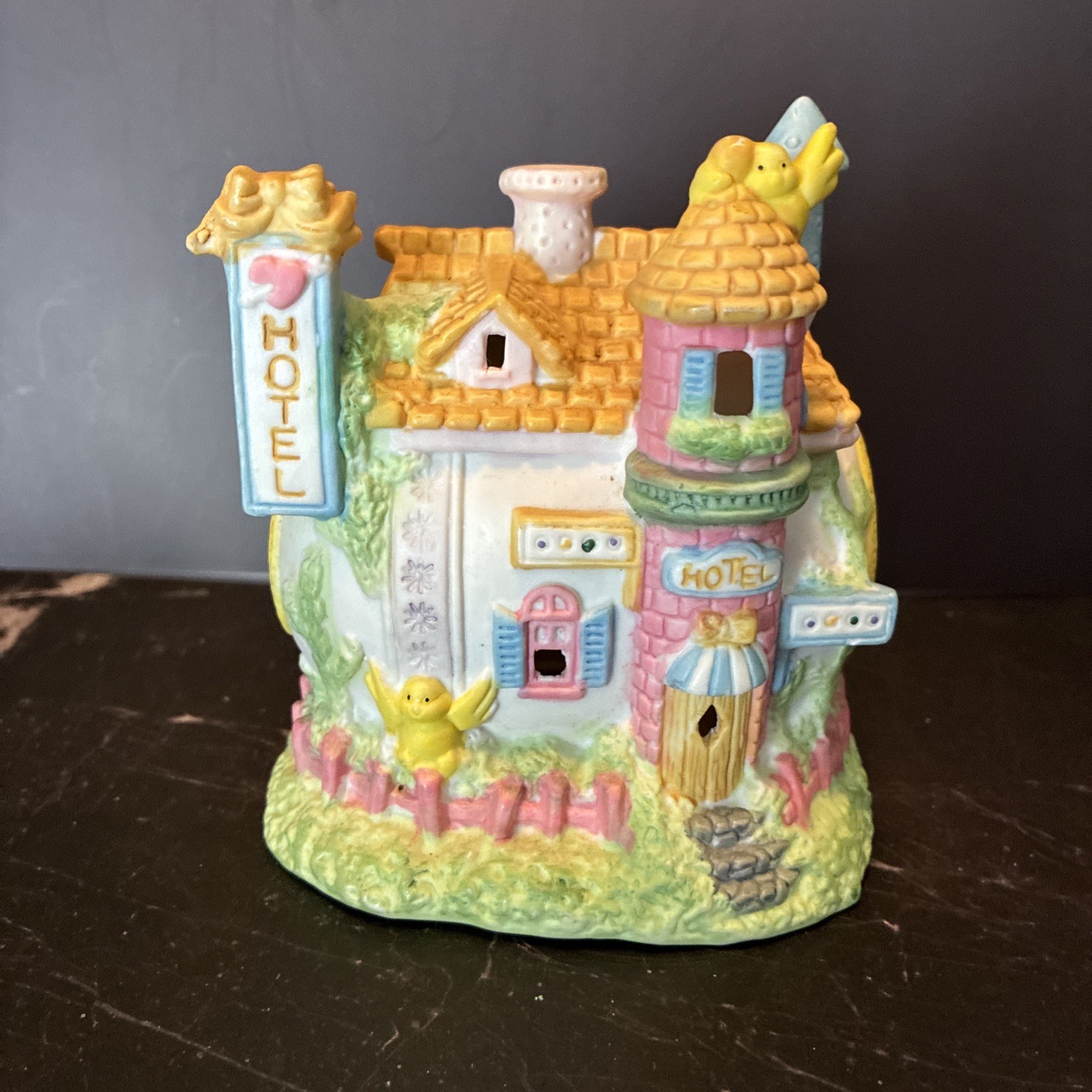 Vintage Easter Bunny Hotel House Figurine Pastel Spring Cottage Decor Chicks