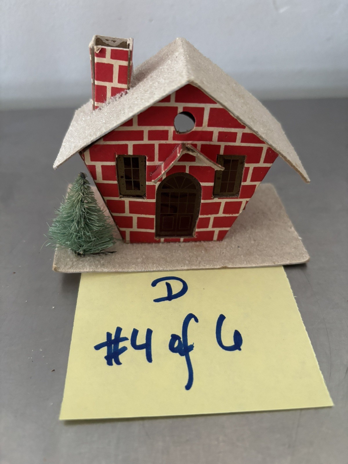 Vntg Putz House Red Brick with Cello Windows & Bottle Brush Tree Glitter L-D