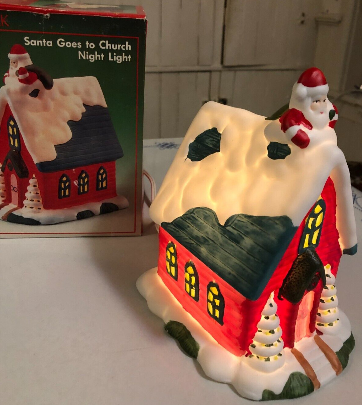 Merry Christmas Santa Goes to Church w Snow on Roof Lighted with 4′ Switch Cord