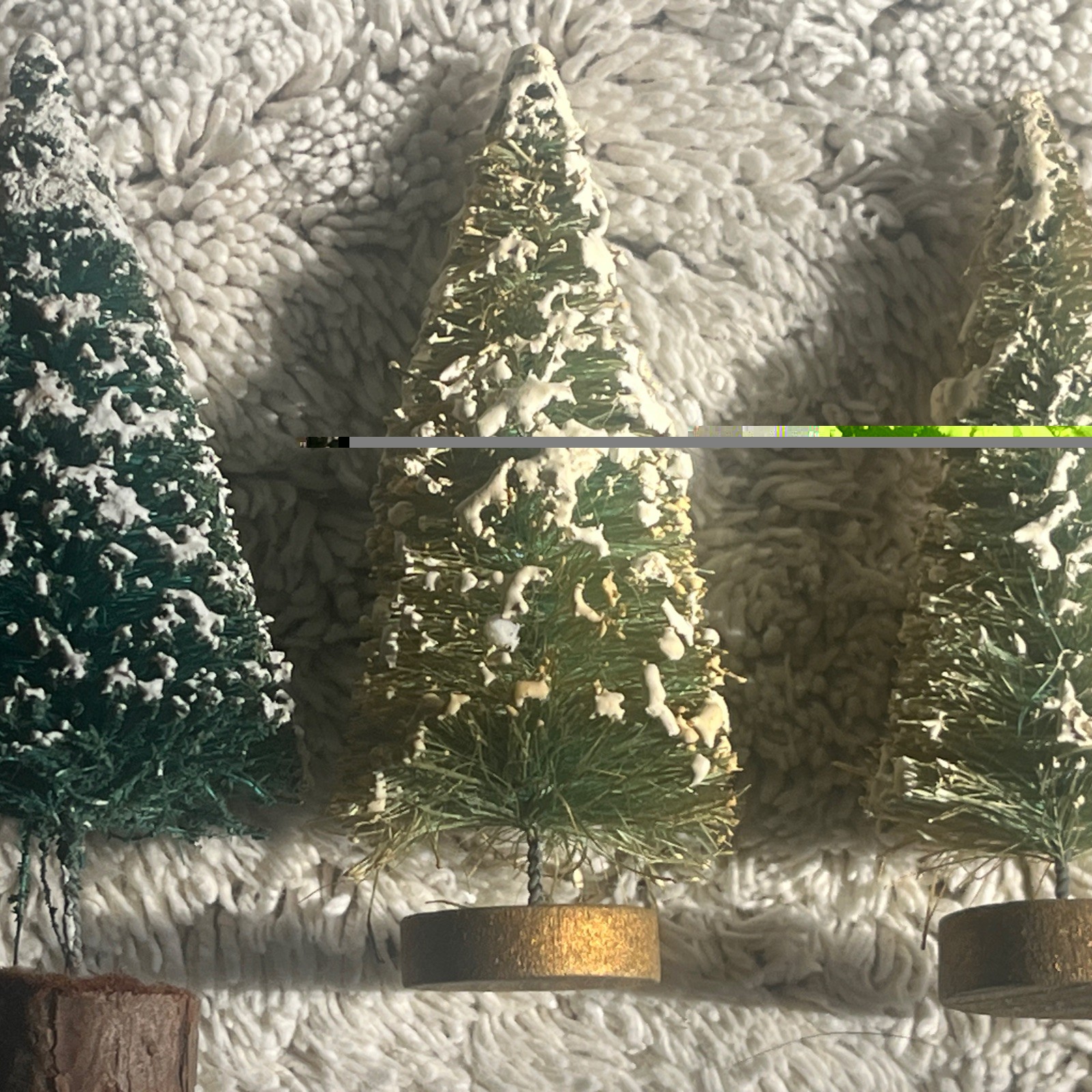 Lot Of 8 Vintage Bottle Brush Christmas Village Flocked Trees Wood Base 3” – 4”
