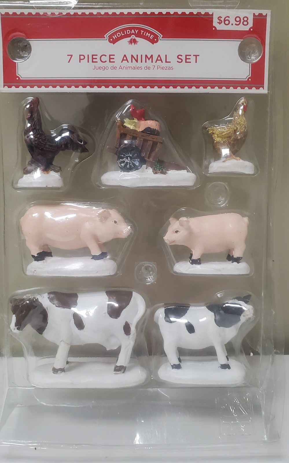 Holiday Time Farm Animals 7 Piece Christmas Village Cows Rooster Chick Pig Wagon
