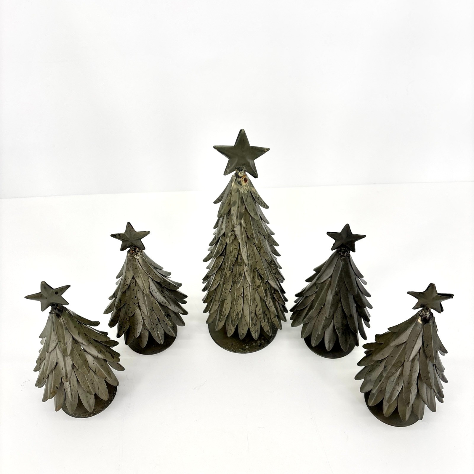 Set of 5 POTTERY BARN Galvanized Village Star Topped Trees Small & Large VTG