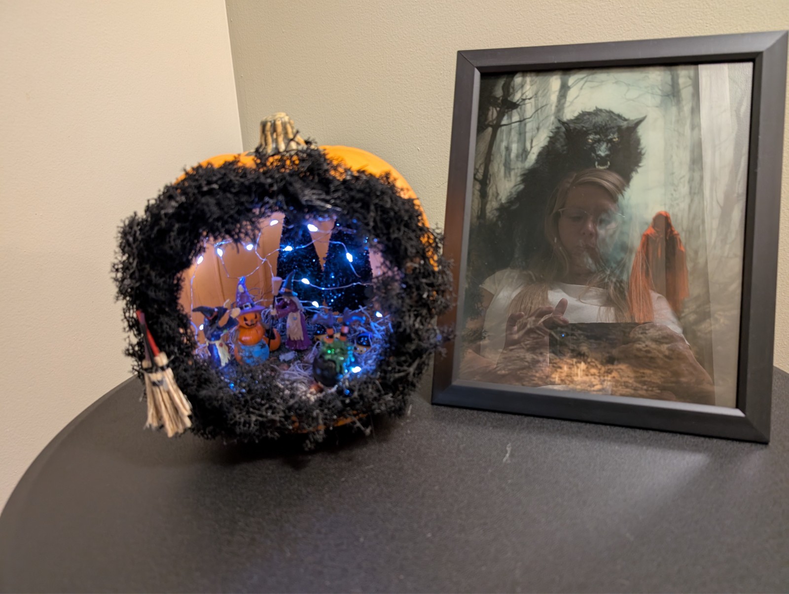 Halloween Pumpkin Diorama: Witch House Scene with Fairy Lights