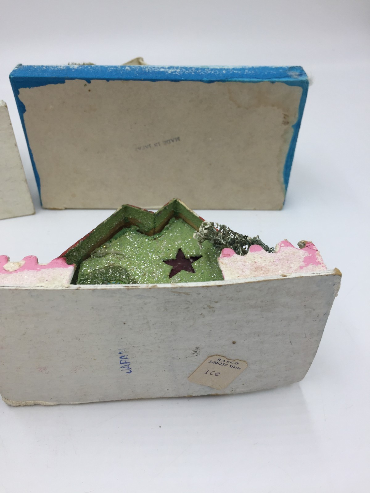 4 Japan Putz Christmas Village Houses,Church,Farmhouse,Cardboard,Glitter,Handmad